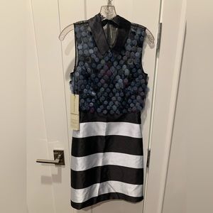 Mary Katrantzou black white stripe collared sequin party dress size 6